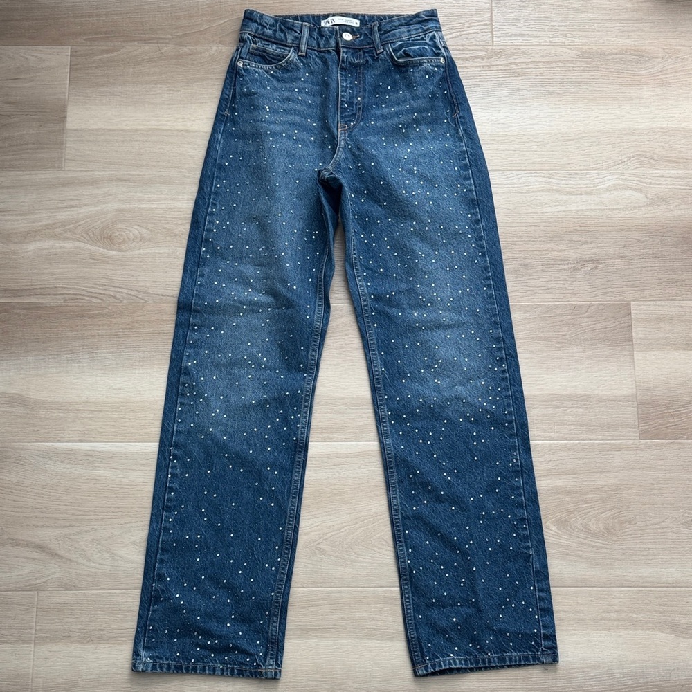 Zara - Rhinestone High Rise Straight Leg Jeans - Picture 2 of 10